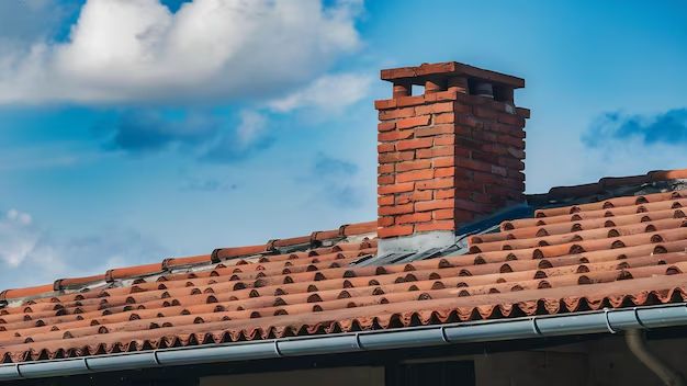 Brick chimney checked over on a tile roof in Monterey Park