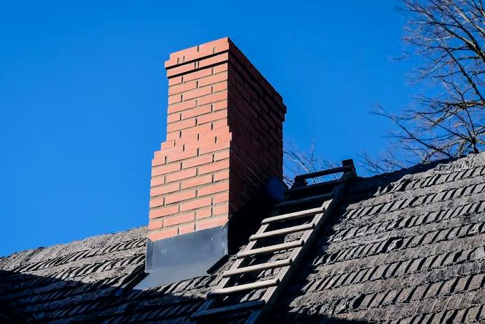 Fresh metal flashing installed where a chimney meets the roofline