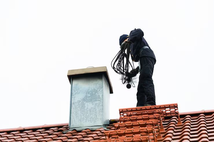 Sweep with rod set working a flue on a tiled Monterey Park roof