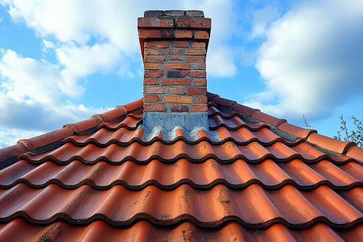 Brick chimney rising from a tiled roof against a Monterey Park sky