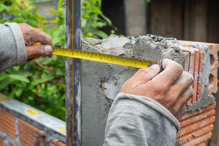 Tape measure across fresh mortar during masonry repair work
