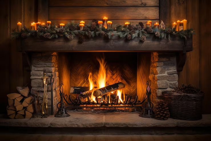Log fire burning brightly in a well-kept rustic fireplace
